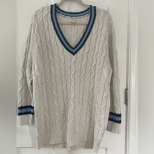 🌟American Eagle Varsity Style Cream and Blue Cable Knit Sweater Size XL